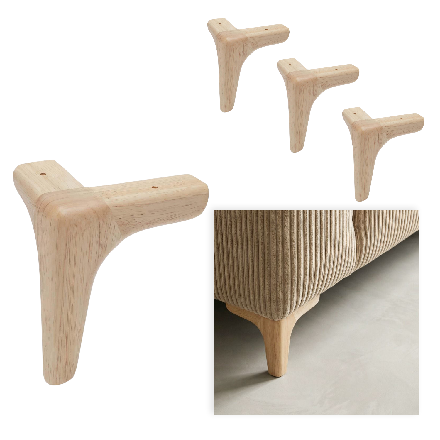 ALINA | SET 4 Piedi in Legno | Colore Naturale | Altezza 10 cm | Gambe in Legno per divani e mobili |