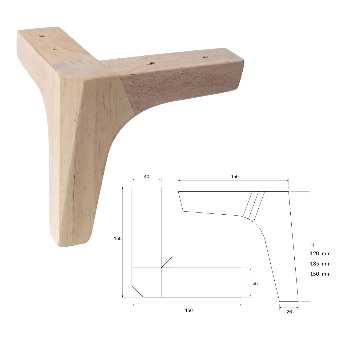 ZENO | SET 4 Piedi in Legno | Colore Naturale | Altezza 15 cm | Gambe in Legno per divani e mobili |
