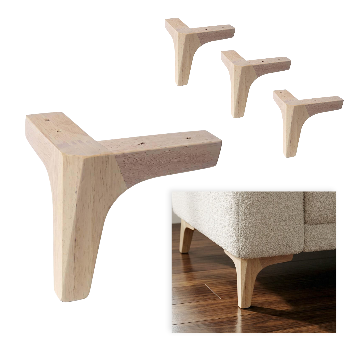 ZENO | SET 4 Piedi in Legno | Colore Naturale | Altezza 15 cm | Gambe in Legno per divani e mobili |